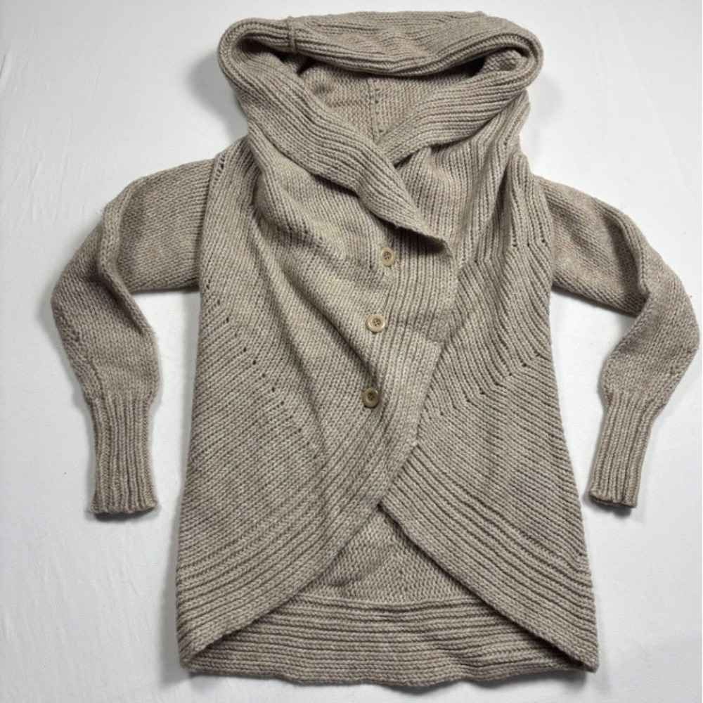 Isda and Co Women's XS Wool Blend Chunky Knit Wrap Cardigan Shawl Collar Beige